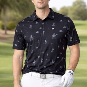 Travis Mathew Black Polo with Light Blue Motif Print
